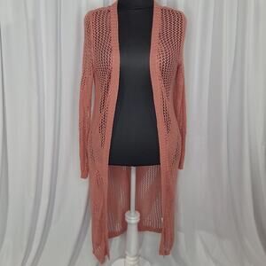 Wishful Park Long Crochet Cardigan Juniors Large Rose Pink Duster Open Front NWT